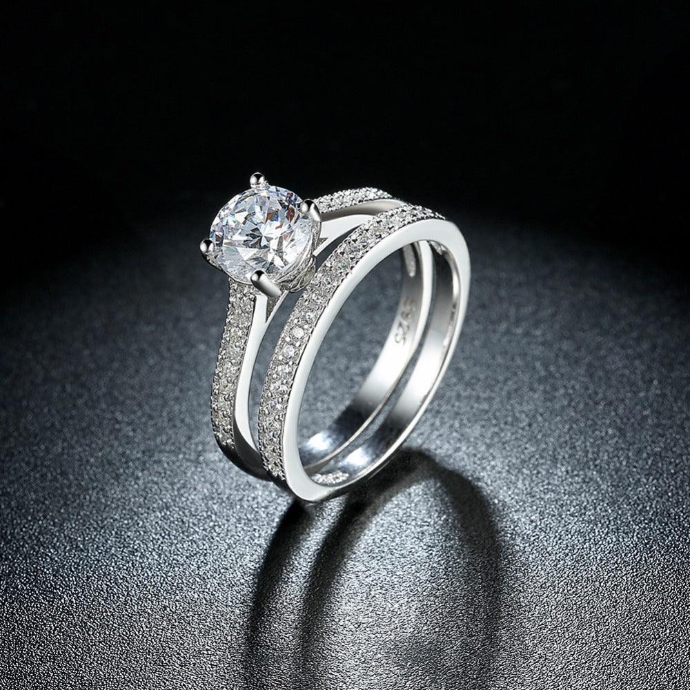 Engagement Ring Set - Sterling Silver Ring Bands with Cubic Zirconia Stones - Wedding Band rings - Personalized Jewel