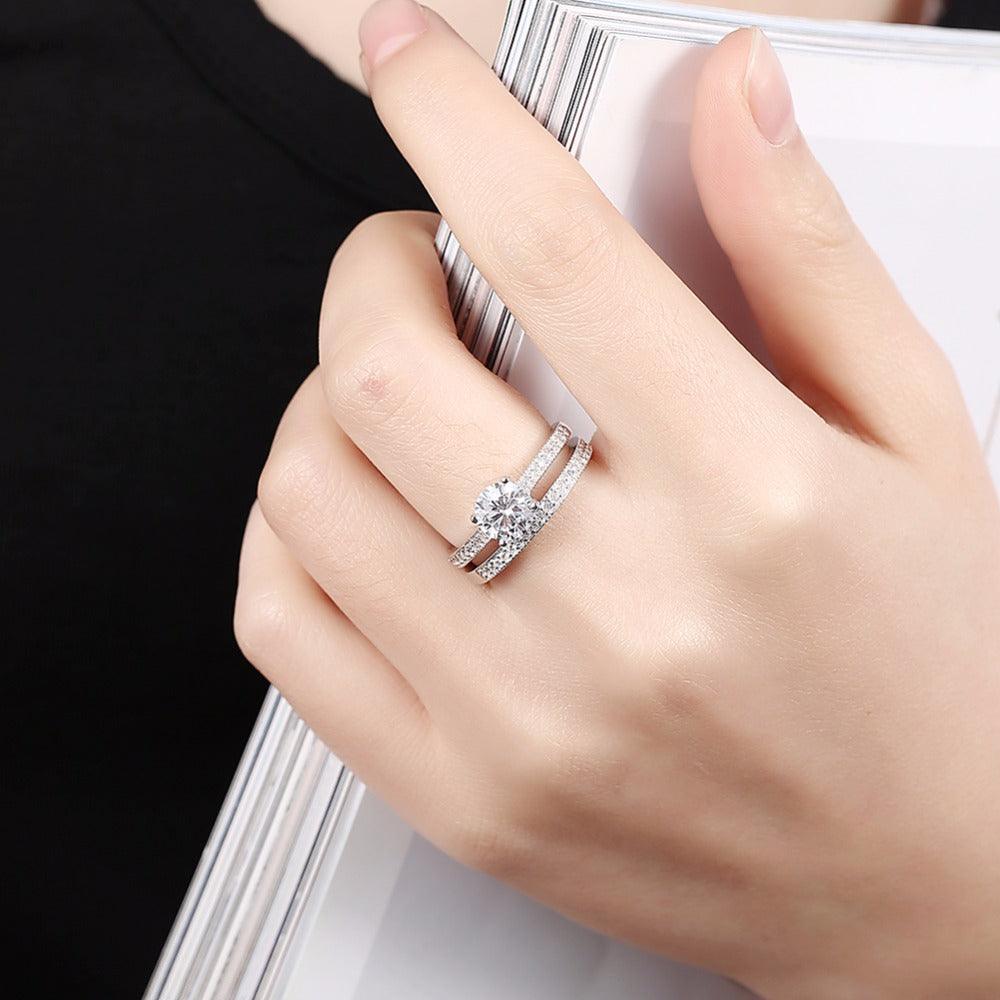 Engagement Ring Set - Sterling Silver Ring Bands with Cubic Zirconia Stones - Wedding Band rings - Personalized Jewel