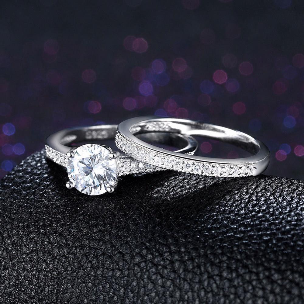 Engagement Ring Set - Sterling Silver Ring Bands with Cubic Zirconia Stones - Wedding Band rings - Personalized Jewel