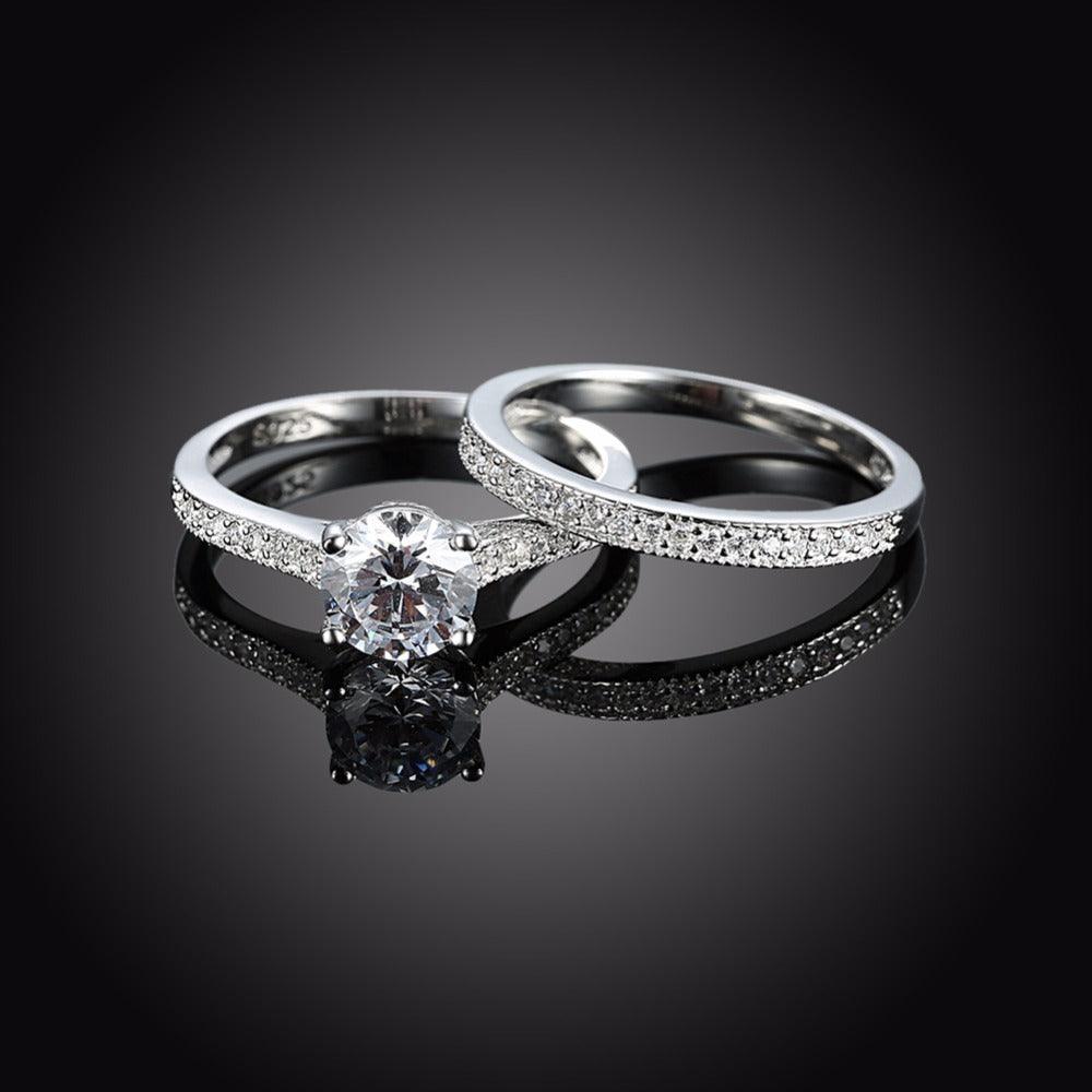 Engagement Ring Set - Sterling Silver Ring Bands with Cubic Zirconia Stones - Wedding Band rings - Personalized Jewel
