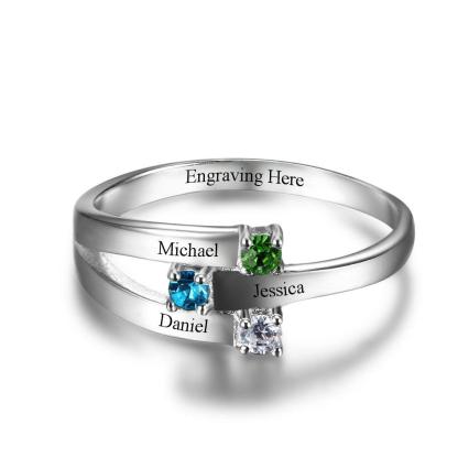 Family Ring for Women- Customized Family Ring for Girls- Birthstone Engraved Jewelry for Women- Sterling Silver Ring for Parents and Children - Personalized Jewel