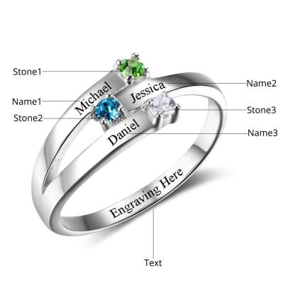 Family Ring for Women- Customized Family Ring for Girls- Birthstone Engraved Jewelry for Women- Sterling Silver Ring for Parents and Children - Personalized Jewel