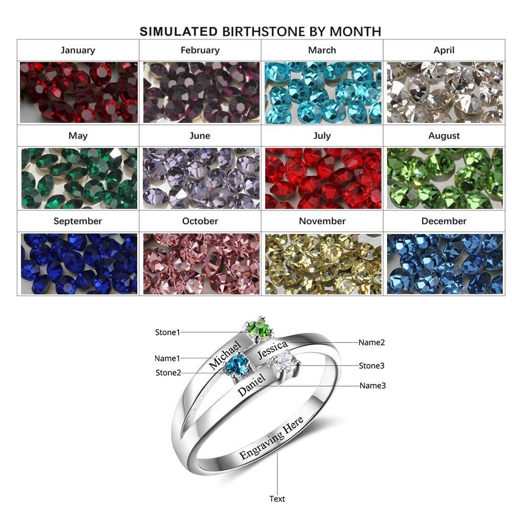 Family Ring for Women- Customized Family Ring for Girls- Birthstone Engraved Jewelry for Women- Sterling Silver Ring for Parents and Children - Personalized Jewel