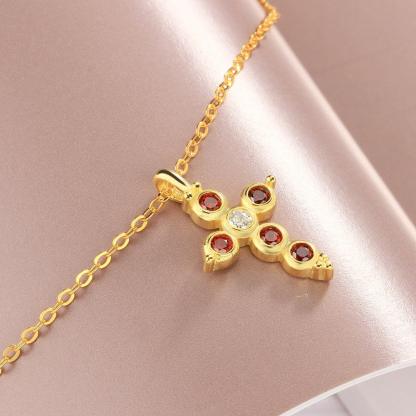 Fashion 925 Sterling Silver Gold Plated Cross Pattern Necklace with Red CZ Pendant, Vintage Jewelry for Women - Personalized Jewel