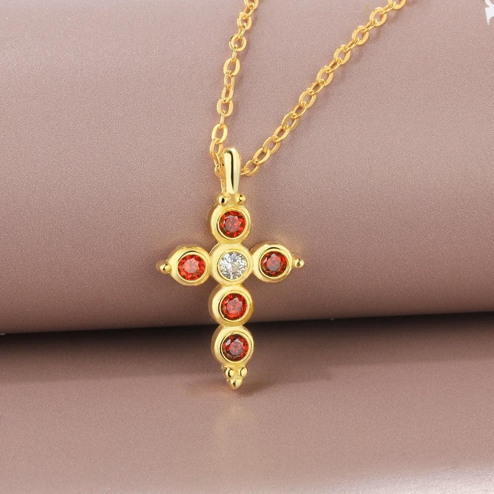 Fashion 925 Sterling Silver Gold Plated Cross Pattern Necklace with Red CZ Pendant, Vintage Jewelry for Women - Personalized Jewel