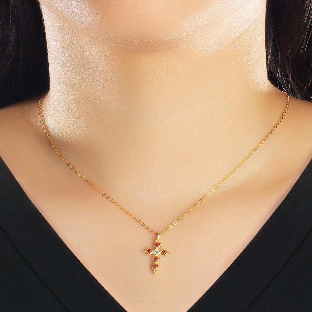 Fashion 925 Sterling Silver Gold Plated Cross Pattern Necklace with Red CZ Pendant, Vintage Jewelry for Women - Personalized Jewel