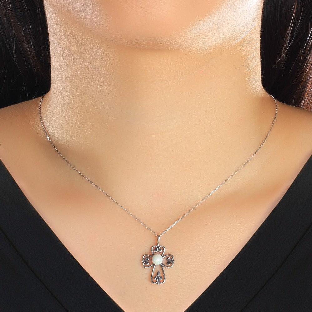 Fashion 925 Sterling Silver Necklace with Simulated Pearl Cross Pendant, Vintage Jewelry for Women - Personalized Jewel