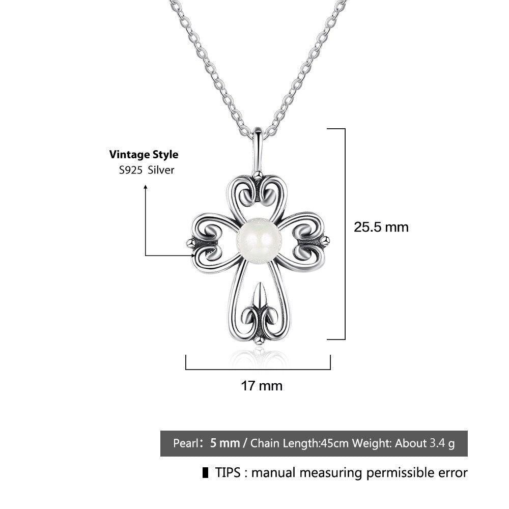 Fashion 925 Sterling Silver Necklace with Simulated Pearl Cross Pendant, Vintage Jewelry for Women - Personalized Jewel