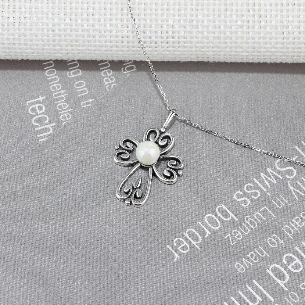 Fashion 925 Sterling Silver Necklace with Simulated Pearl Cross Pendant, Vintage Jewelry for Women - Personalized Jewel