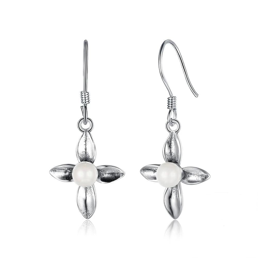 Fashion Cross Design Simulated Pearl Solid 925 Sterling Silver Dangle Earrings For Women Gift For Her - Personalized Jewel
