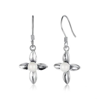 Fashion Cross Design Simulated Pearl Solid 925 Sterling Silver Dangle Earrings For Women Gift For Her - Personalized Jewel