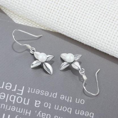 Fashion Cross Design Simulated Pearl Solid 925 Sterling Silver Dangle Earrings For Women Gift For Her - Personalized Jewel