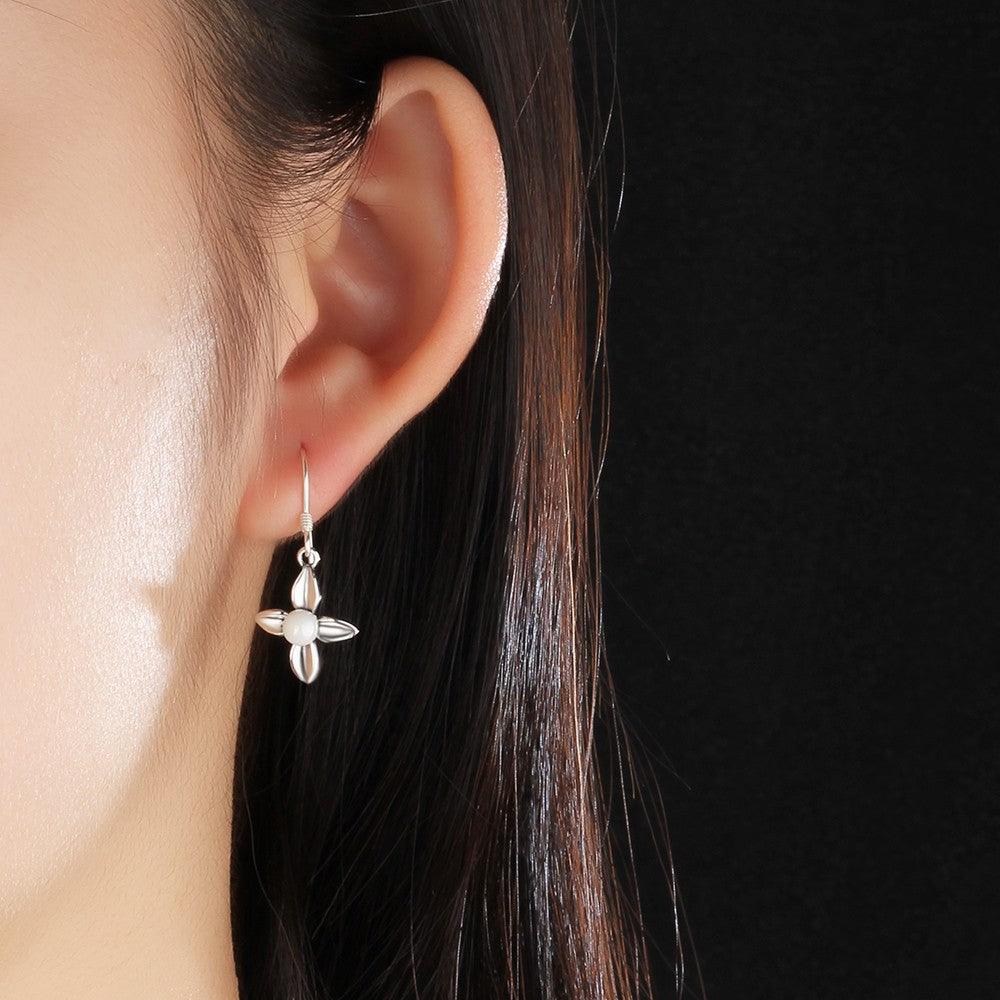 Fashion Cross Design Simulated Pearl Solid 925 Sterling Silver Dangle Earrings For Women Gift For Her - Personalized Jewel