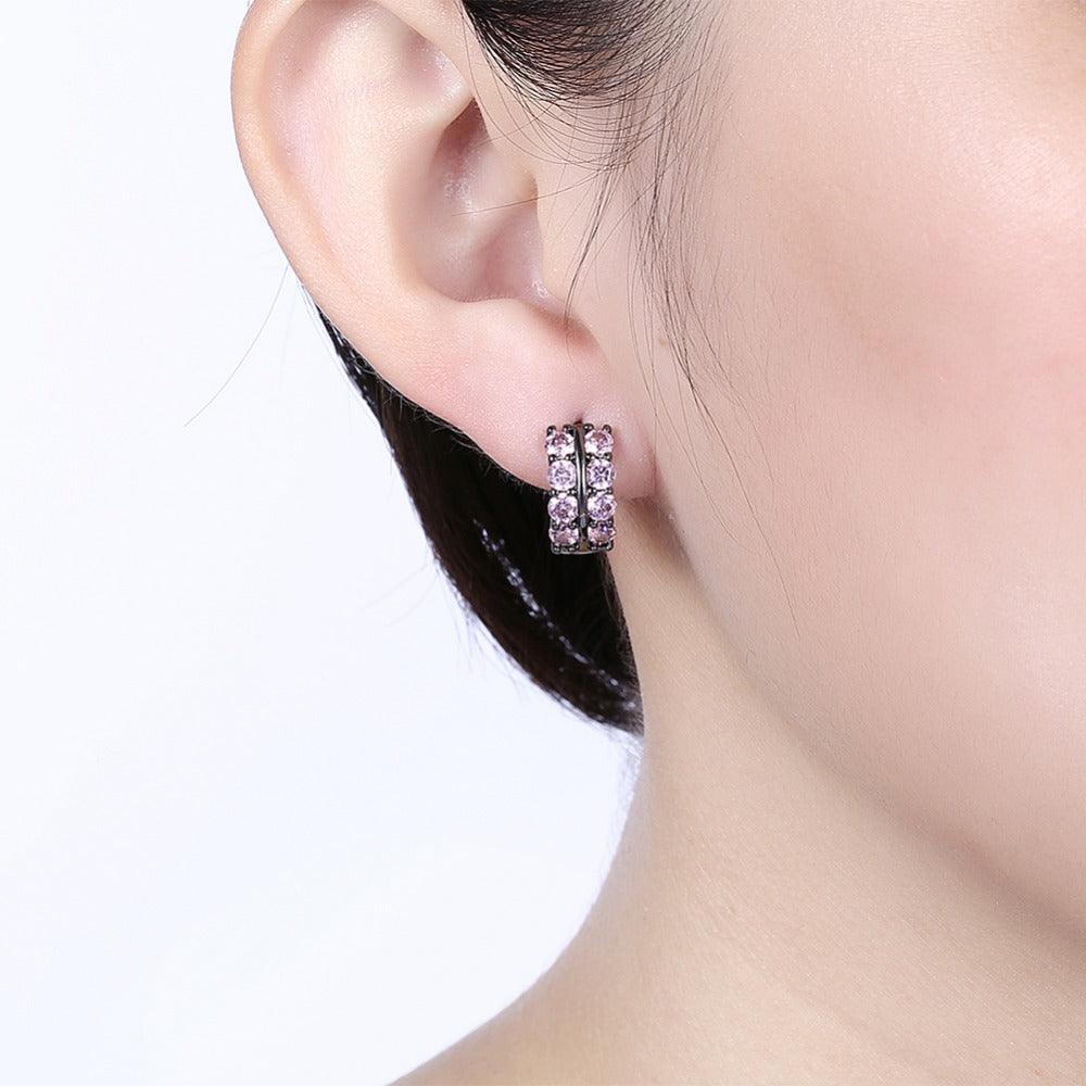 Fashion Double Row Black Gun Color Hoop Earrings with Pink Cubic Zirconia for Women, Party Gift Accessorise for Her - Personalized Jewel