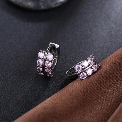 Fashion Double Row Black Gun Color Hoop Earrings with Pink Cubic Zirconia for Women, Party Gift Accessorise for Her - Personalized Jewel