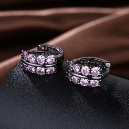Fashion Double Row Black Gun Color Hoop Earrings with Pink Cubic Zirconia for Women, Party Gift Accessorise for Her - Personalized Jewel