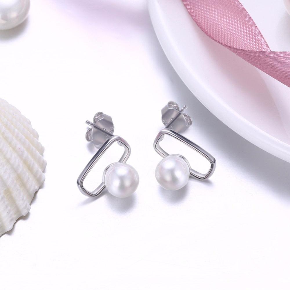 Fashionable 925 Sterling Silver Geometric Design Simulated Pearl Stud Earrings for Women, Trendy Party Jewelry Accessory - Personalized Jewel