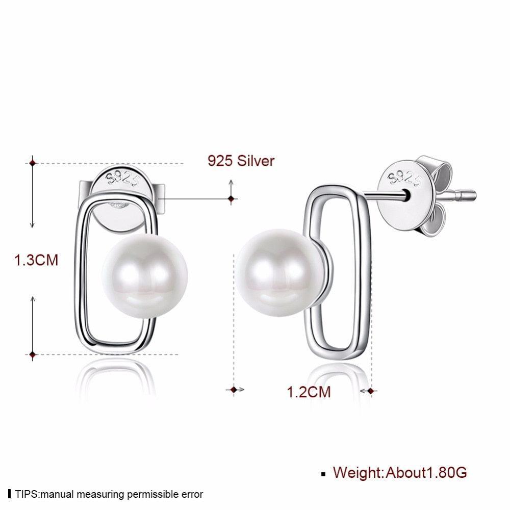 Fashionable 925 Sterling Silver Geometric Design Simulated Pearl Stud Earrings for Women, Trendy Party Jewelry Accessory - Personalized Jewel