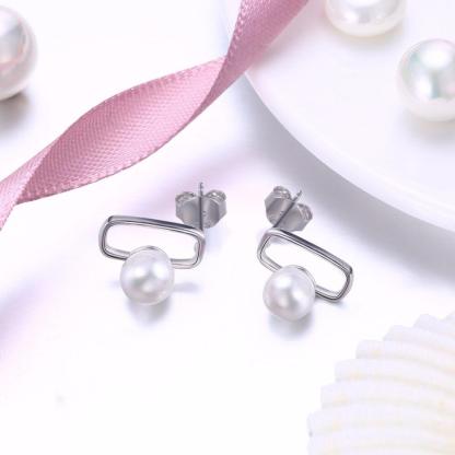 Fashionable 925 Sterling Silver Geometric Design Simulated Pearl Stud Earrings for Women, Trendy Party Jewelry Accessory - Personalized Jewel