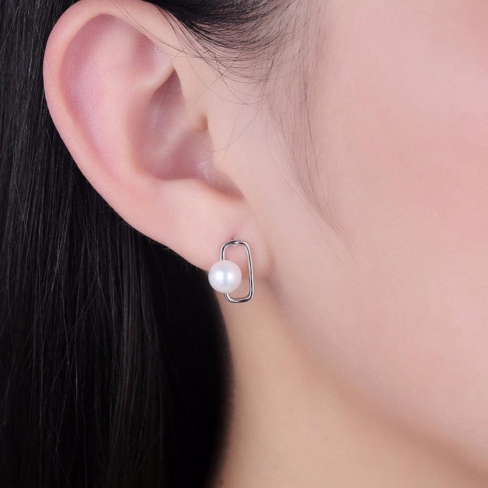 Fashionable 925 Sterling Silver Geometric Design Simulated Pearl Stud Earrings for Women, Trendy Party Jewelry Accessory - Personalized Jewel