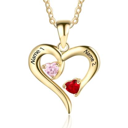 Gold 925 Sterling Silver Necklace - Heart Shaped With Two Birthstone and Two Name Engraving For Mother's Day - Personalized Jewel