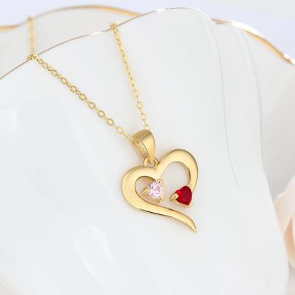 Gold 925 Sterling Silver Necklace - Heart Shaped With Two Birthstone and Two Name Engraving For Mother's Day - Personalized Jewel