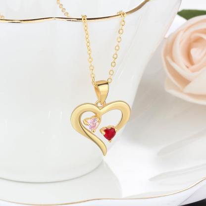 Gold 925 Sterling Silver Necklace - Heart Shaped With Two Birthstone and Two Name Engraving For Mother's Day - Personalized Jewel