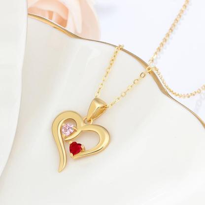 Gold 925 Sterling Silver Necklace - Heart Shaped With Two Birthstone and Two Name Engraving For Mother's Day - Personalized Jewel