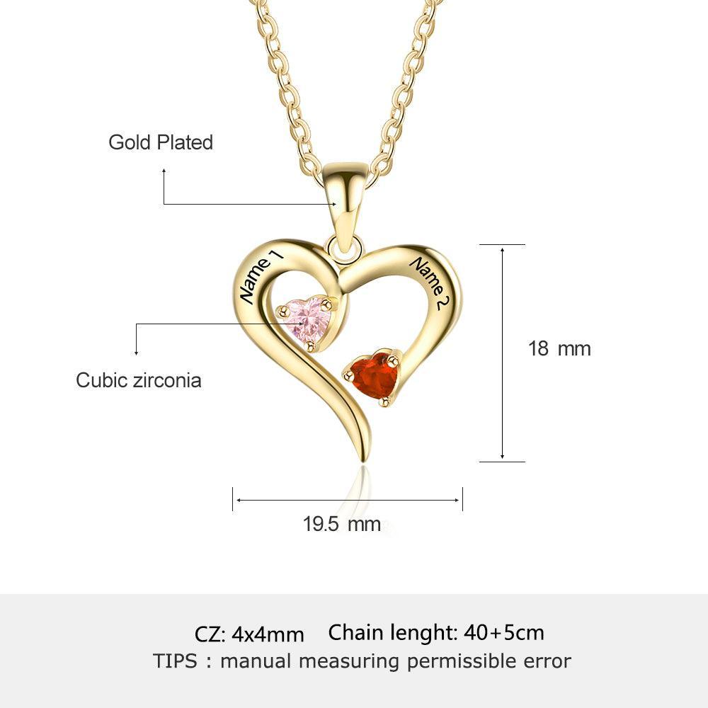 Gold 925 Sterling Silver Necklace - Heart Shaped With Two Birthstone and Two Name Engraving For Mother's Day - Personalized Jewel