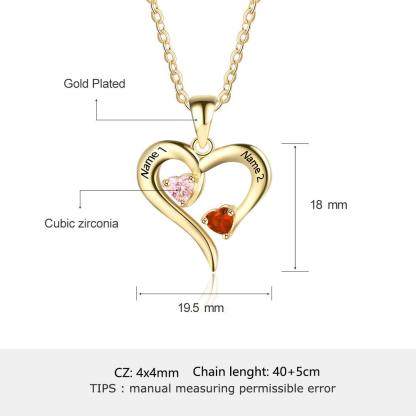 Gold 925 Sterling Silver Necklace - Heart Shaped With Two Birthstone and Two Name Engraving For Mother's Day - Personalized Jewel