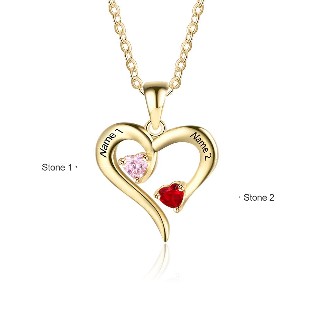 Gold 925 Sterling Silver Necklace - Heart Shaped With Two Birthstone and Two Name Engraving For Mother's Day - Personalized Jewel
