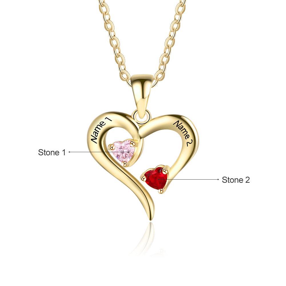 Gold 925 Sterling Silver Necklace - Heart Shaped With Two Birthstone and Two Name Engraving For Mother's Day - Personalized Jewel