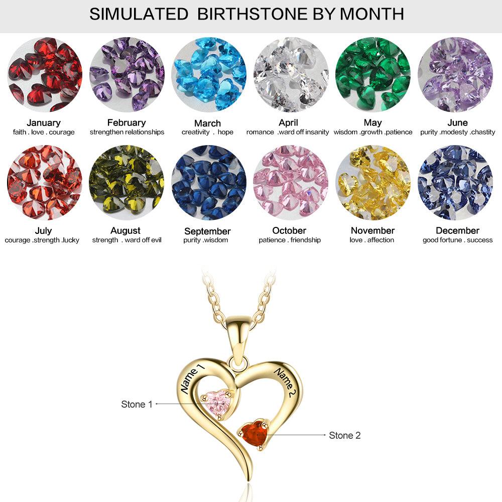 Gold 925 Sterling Silver Necklace - Heart Shaped With Two Birthstone and Two Name Engraving For Mother's Day - Personalized Jewel