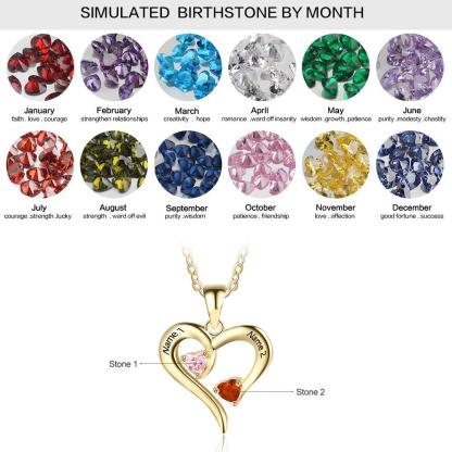 Gold 925 Sterling Silver Necklace - Heart Shaped With Two Birthstone and Two Name Engraving For Mother's Day - Personalized Jewel
