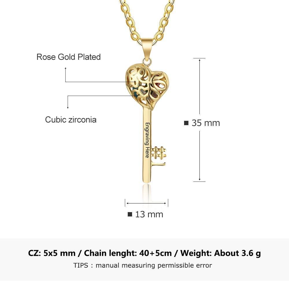 Gold Color Personalized 925 Sterling Silver Name Engraved Necklace with Birthstones, Key Shaped Women’s Pendant, Trendy Jewelry Gift - Personalized Jewel