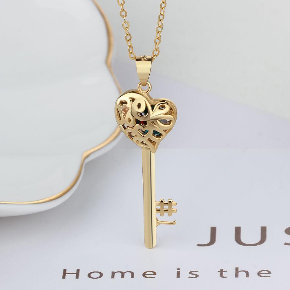 Gold Color Personalized 925 Sterling Silver Name Engraved Necklace with Birthstones, Key Shaped Women’s Pendant, Trendy Jewelry Gift - Personalized Jewel