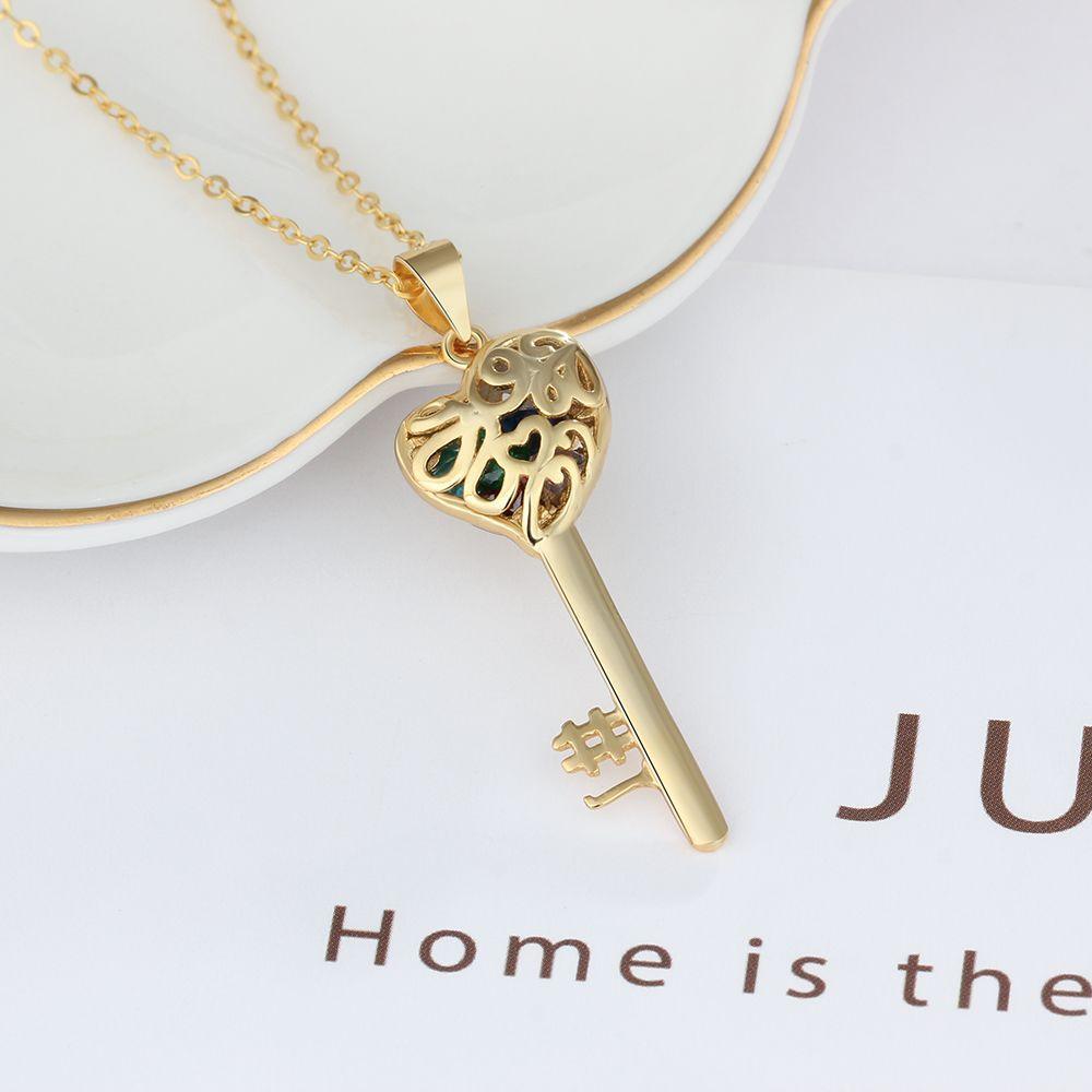 Gold Color Personalized 925 Sterling Silver Name Engraved Necklace with Birthstones, Key Shaped Women’s Pendant, Trendy Jewelry Gift - Personalized Jewel