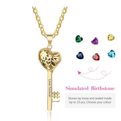 Gold Color Personalized 925 Sterling Silver Name Engraved Necklace with Birthstones, Key Shaped Women’s Pendant, Trendy Jewelry Gift - Personalized Jewel