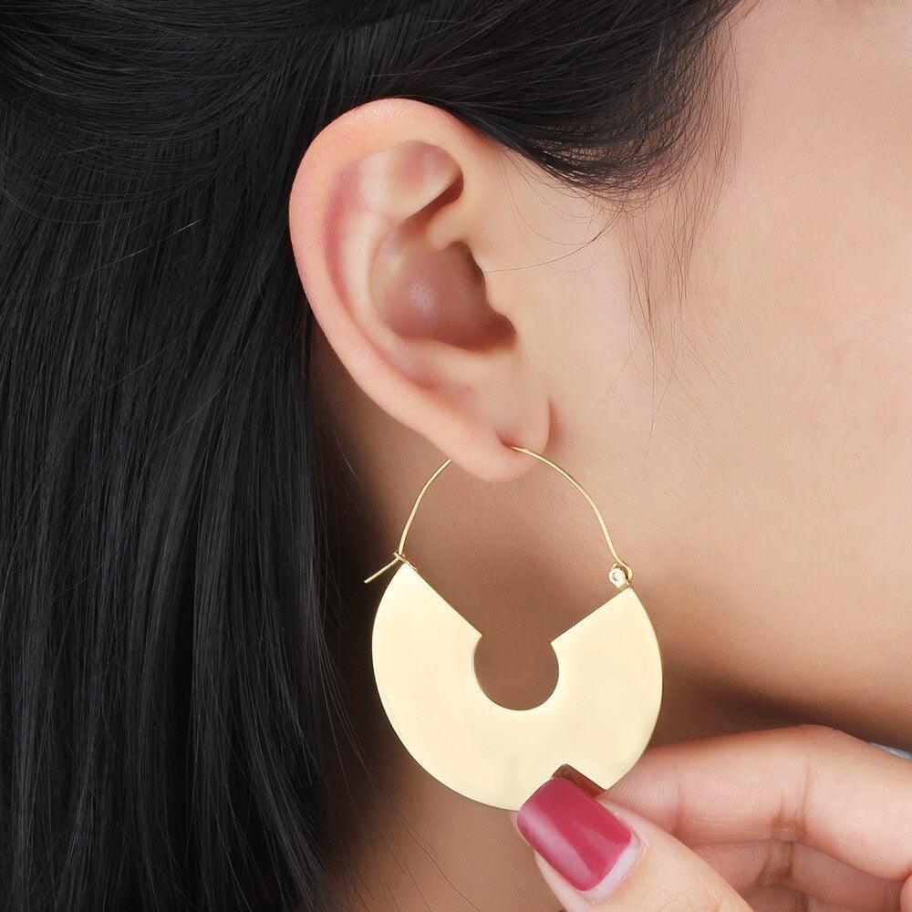 Gold-color Stainless Steel Geometric Shaped Exaggerated Hoop Earring, Party Accessorise for Women - Personalized Jewel