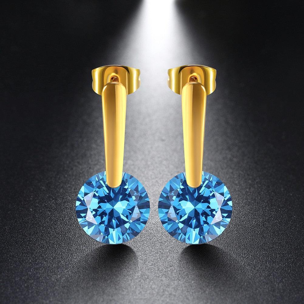 Gold Drop Earring Round Cubic Zirconia Stone Dangle Drop Earrings - Personalized Jewel
