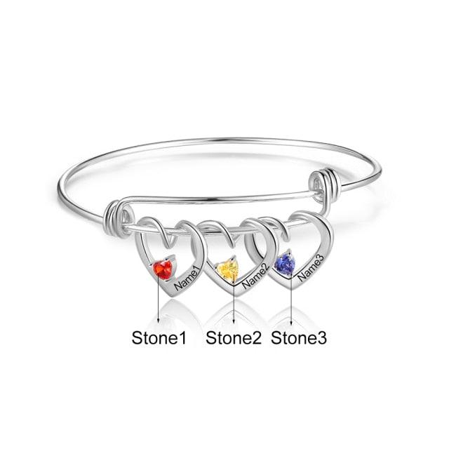 Heart Charm Bracelet, 3-Name Engraving Bracelet- Heart Charm Bracelet for Mom- Personalized Bracelet for Women- Trendy Bracelet for Women- Birthstone Bracelet for Women - Personalized Jewel