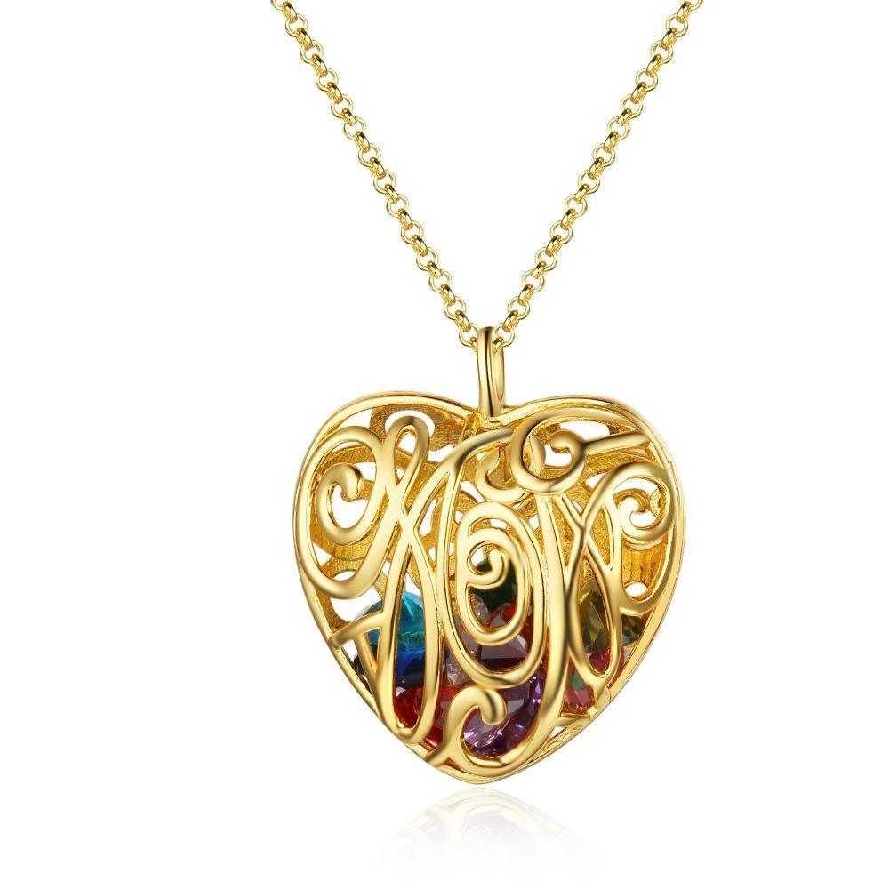 Heart Hollow With Birthstone Personalized Gifts Gold Color 925 Sterling Silver Pendant Necklace Women Jewelry - Personalized Jewel