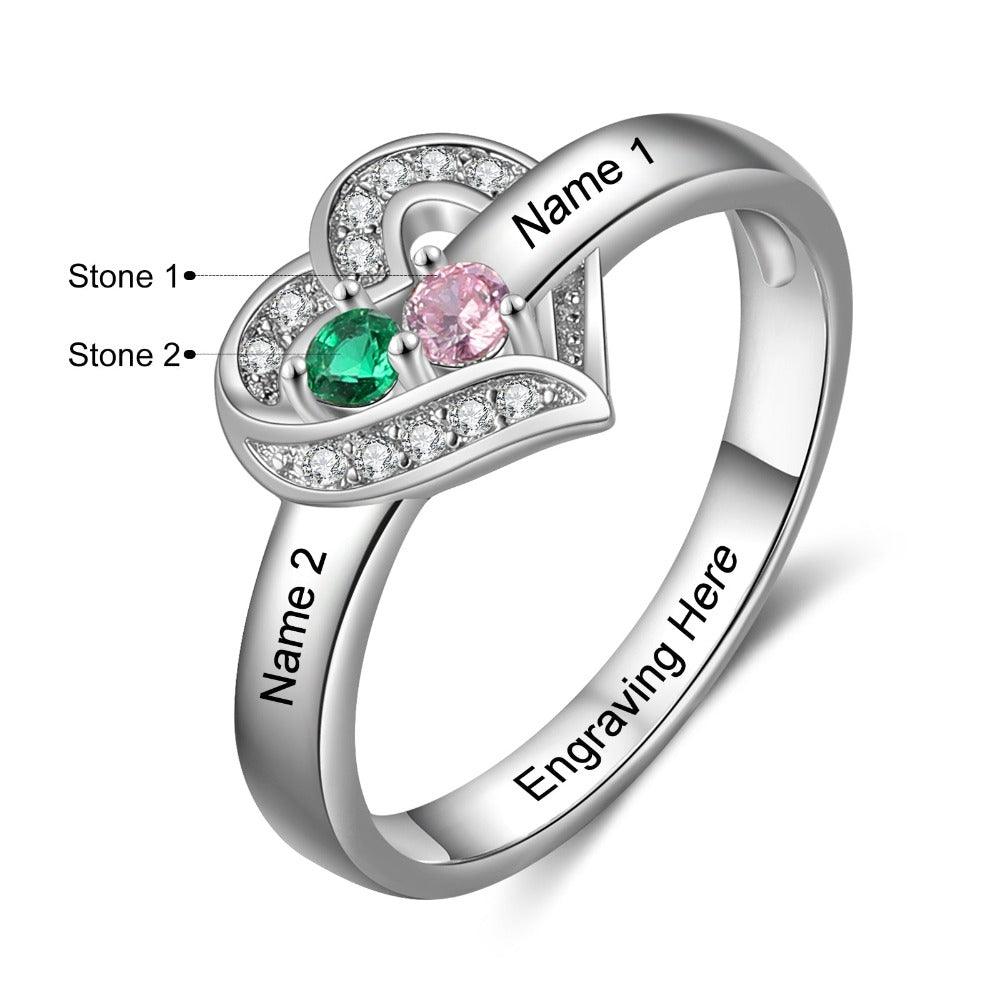 Heart Personalized Silver Ring - 2 Custom Birthstones 2 Custome Names 1 Custom Engraving-Personalized Jewels