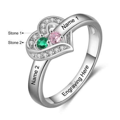 Heart Personalized Silver Ring - 2 Custom Birthstones 2 Custome Names 1 Custom Engraving-Personalized Jewels