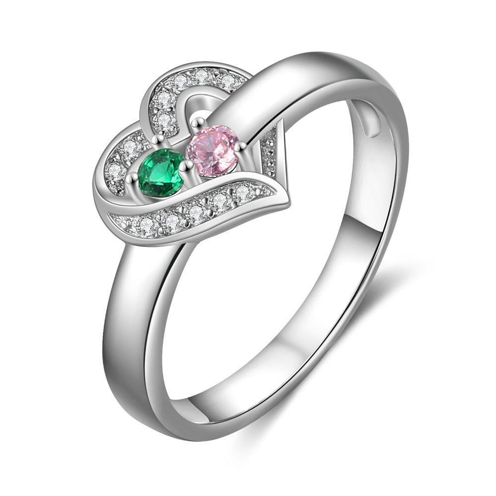 Heart Personalized Silver Ring - 2 Custom Birthstones 2 Custome Names 1 Custom Engraving-Personalized Jewels