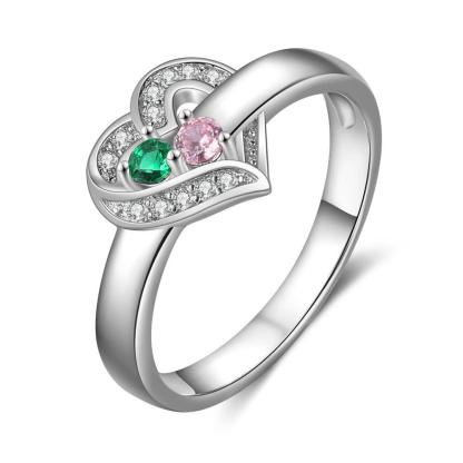Heart Personalized Silver Ring - 2 Custom Birthstones 2 Custome Names 1 Custom Engraving-Personalized Jewels