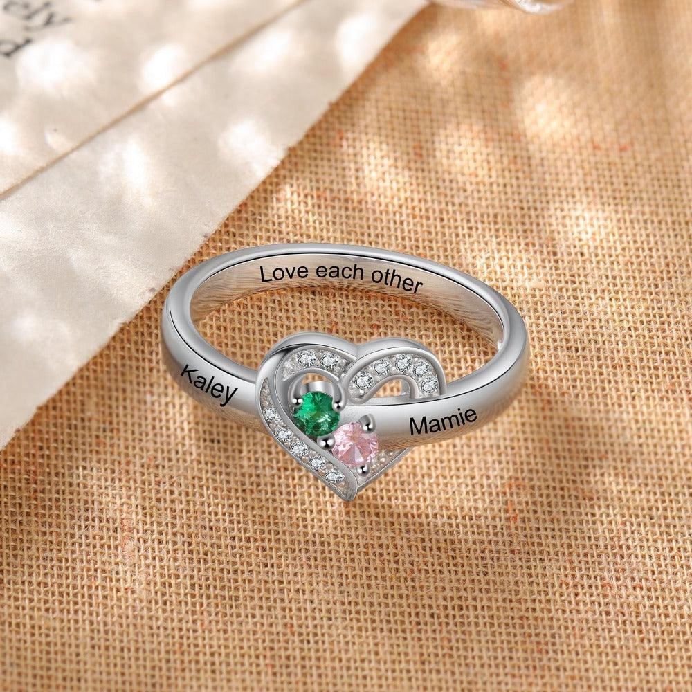Heart Personalized Silver Ring - 2 Custom Birthstones 2 Custome Names 1 Custom Engraving-Personalized Jewels