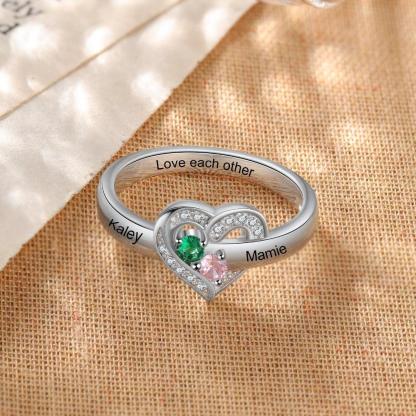 Heart Personalized Silver Ring - 2 Custom Birthstones 2 Custome Names 1 Custom Engraving-Personalized Jewels