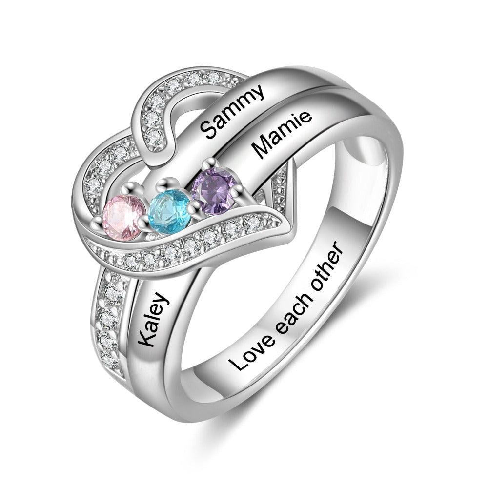 Heart Personalized Silver Ring - 3 Custom Birthstones 3 Custome Names 1 Custom Engraving - Personalized Jewel