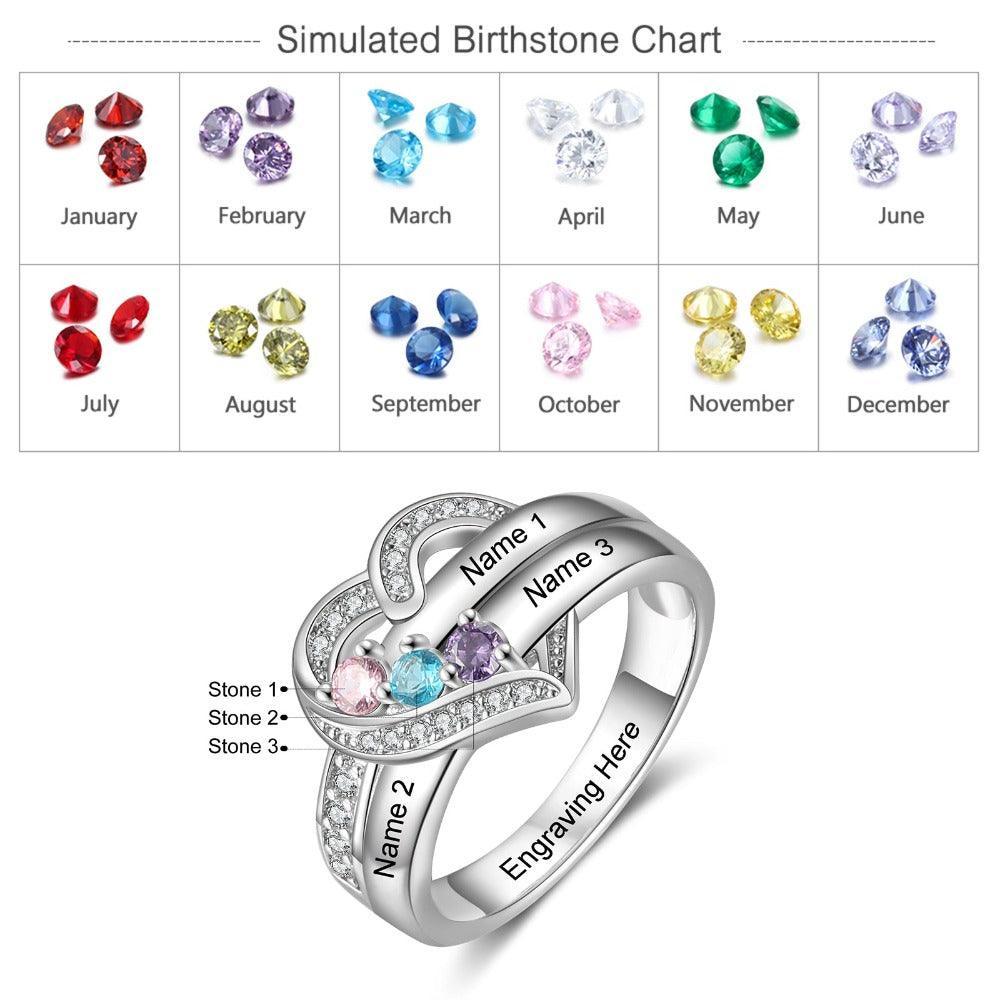 Heart Personalized Silver Ring - 3 Custom Birthstones 3 Custome Names 1 Custom Engraving-Personalized Jewels